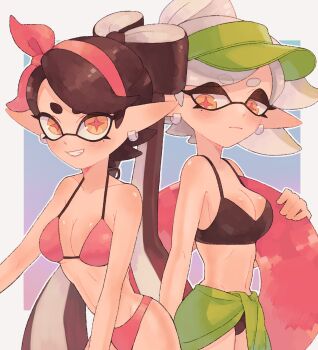 +_+ 2girls a_very_happy_potato bikini black_hair breasts callie_(splatoon) cleavage cousins earrings hat highres inkling jewelry long_hair marie_(splatoon) medium_breasts multiple_girls nintendo pointy_ears short_hair splatoon_(series) swimsuit teeth tentacle_hair towel towel_on_legs twintails very_long_hair white_hair yellow_eyes