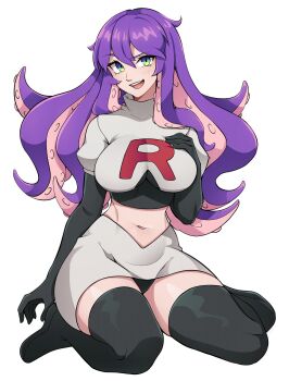 1girl black_boots black_gloves black_panties boots breasts commentary commission cosplay double-parted_bangs elbow_gloves english_commentary full_body gloves green_eyes grey_shirt grey_skirt hair_between_eyes hand_on_own_chest highres jessie_(pokemon) jessie_(pokemon)_(cosplay) large_breasts long_hair looking_at_viewer midriff miniskirt navel nintendo oninuer open_mouth original panties pokemon purple_hair shirt short_sleeves simple_background sitting skirt smile solo team_rocket team_rocket_uniform tentacle_hair thigh_boots underwear wariza white_background