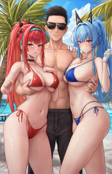 Rule 34 | 1boy, 2girls, absurdres, alternate costume, aqua hairband, bikini, black choker, black hair, black shorts, blue bikini, blue eyes, blue hair, blue sky, breasts, choker, commander (nikke), curvy, embarrassed, gloves, goddess of victory: nikke, grabbing another's breast, grabbing from behind, groping, hairband, helm (aqua marine) (nikke), helm (nikke), hetero, highres, kinoko kun, large breasts, long hair, multiple girls, navel, official alternate costume, outdoors, paid reward available, palm tree, ponytail, rapi (nikke), rapi (red hood) (nikke), rapi (red hood) (red flavor) (nikke), red bikini, red hair, shiny skin, short hair, shorts, sky, stomach, sunglasses, swimsuit, thighs, thong, thong bikini, toned, toned male, topless male, tree, very long hair, white gloves, wide hips