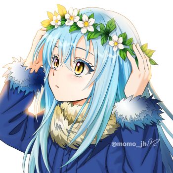 1other androgynous blue_coat blue_hair blush coat crossed_bangs flower fur-trimmed_coat fur-trimmed_sleeves fur_trim hair_between_eyes hayase_jun head_wreath highres long_hair long_sleeves looking_up open_mouth rimuru_tempest simple_background straight_hair tensei_shitara_slime_datta_ken twitter_username watermark white_background white_flower yellow_eyes