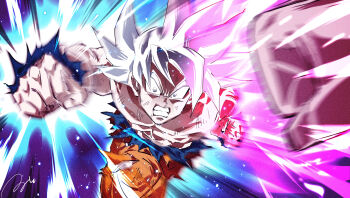 2boys abs aura clenched_teeth commentary_request dragon_ball dragon_ball_super grey_eyes highres jiren male_focus motion_blur multiple_boys muscular muscular_male pov pov_hands punching ruto830 serious signature solo_focus son_goku teeth topless_male tournament_of_power ultra_instinct white_hair