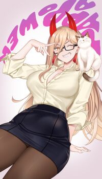 1girl alternate_costume animal animal_on_shoulder arm_support black_skirt blonde_hair breasts brown_pantyhose cat cat_on_shoulder chainsaw_man cleavage cross-shaped_pupils demon_girl demon_horns glasses grin hair_between_eyes hataraki_kuma highres horns large_breasts long_hair_between_eyes looking_at_viewer meowy_(chainsaw_man) office_lady one_eye_closed pantyhose partially_unbuttoned pencil_skirt power_(chainsaw_man) red_horns semi-rimless_eyewear sharp_teeth shirt skirt smile symbol-shaped_pupils teeth v white_shirt yellow_eyes
