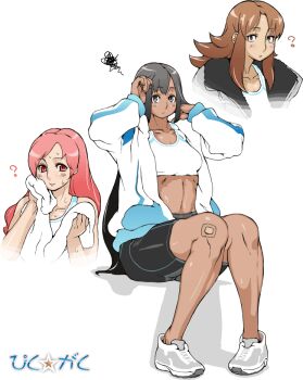 Rule 34 | 3girls, ?, bandaid, bike shorts, jacket, long hair, mole, multiple girls, nezunezu, pink hair, red eyes, simple background, sitting, smile, sweat, towel, translation request