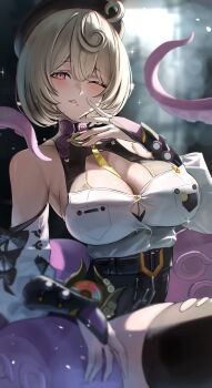 1girl absurdres bare_shoulders beret black_bow black_hat blonde_hair blurry blurry_foreground blush bow breasts button_gap cleavage commentary_request cowlick detached_sleeves hana_hebi hand_up hat high-waist_shorts highres large_breasts looking_at_viewer mole mole_under_mouth one_eye_closed parted_lips purple_eyes shirt shirt_tucked_in short_hair shorts skindentation solo sparkle tentacle_girl tentacle_tail tentacles thighhighs torn_clothes torn_thighhighs white_shirt white_sleeves yidhari_murphy zenless_zone_zero
