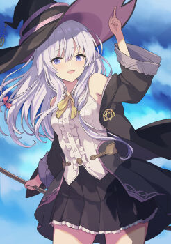 Rule 34 | 1girl, black hat, black robe, black skirt, blue sky, blush, bow, bowtie, broom, broom riding, collared shirt, cover image, elaina (majo no tabitabi), frilled shirt, frills, hat, highres, holding, holding broom, hooded robe, index finger raised, long hair, looking at viewer, majo no tabitabi, open clothes, open robe, pointy footwear, rasahan, ribbon, robe, shirt, sidesaddle, skirt, sky, sleeveless, sleeveless shirt, solo, white shirt, witch, witch hat, yellow bow, yellow bowtie, yellow ribbon