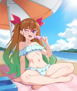1girl alcmls1230 beach beach_towel bikini breasts brown_hair commentary_request cooler crossed_legs eyebrows_hidden_by_hair food frilled_bikini frills full_body glasses gradient_hair green_hair hair_ribbon holding holding_food holding_popsicle long_hair looking_at_viewer mountainous_horizon multicolored_hair navel ocean ohdo_yuamu one_eye_closed open_mouth popsicle purple_eyes red_ribbon ribbon semi-rimless_eyewear shadow sitting small_breasts smile solo stomach sweat swimsuit teeth toes towel upper_teeth_only variant_set very_long_hair white_bikini yu-gi-oh! yu-gi-oh!_go_rush!!