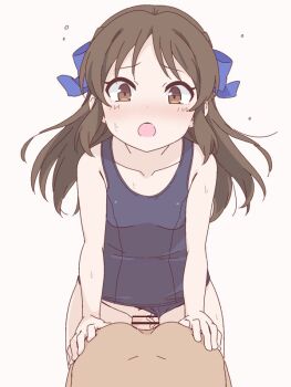 1boy 1girl anal bar_censor blue_bow blue_one-piece_swimsuit blush bow breasts brown_eyes brown_hair censored clothed_female_nude_male clothing_aside collarbone femdom futa_with_male futanari gemuaka719 hair_bow hetero idolmaster idolmaster_cinderella_girls loli lolidom long_hair looking_at_viewer male_penetrated nude old_school_swimsuit one-piece_swimsuit open_mouth penis school_swimsuit sex simple_background small_breasts solo_focus sweat swimsuit swimsuit_aside tachibana_arisu white_background