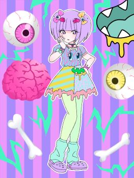 1girl animal_print aqua_leg_warmers bow bracelet bracelet_bow choker colorful crocs double_bun dripping_bracelet dripping_skirt eye_print eyeball_hair_ornament ezaki_bisuko fashion green_pantyhose gurokawa hair_bow hair_bun hand_hair_ornament highres jewelry leg_warmers leopard_print mouth_print multicolored_shirt multicolored_skirt necklace original pantyhose pastel_colors print_shirt print_skirt purple_footwear purple_hair shirt short_hair skirt standing striped_clothes striped_skirt tooth_necklace