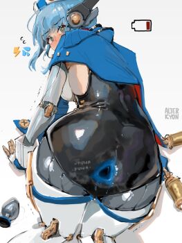 1girl all_fours alterkyon anus ass battery_indicator blue_hair blue_hat butt_plug commentary gaping genshin_impact hat highres ineffa_(genshin_impact) mechanical_arms mechanical_legs robot_girl sex_toy solo symbol-only_commentary triangular_anus