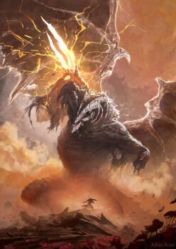 1boy alhin_row arrow_(projectile) artist_name battle bayle_the_dread bone bow_(weapon) commentary dragon dragon_claw dragon_horns dragon_wings drake_warrior_igon elden_ring elden_ring:_shadow_of_the_erdtree electricity english_commentary giant giant_monster highres holding holding_bow_(weapon) holding_weapon horns open_mouth red_eyes scales severed_hand sharp_teeth spread_wings teeth weapon western_dragon wings