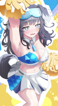 1girl absurdres animal_ears armpits arms_up black_hair blue_archive blue_eyes blush breasts cheerleader cleavage commentary_request dog_ears dog_girl dog_tail goggles goggles_on_head halo hibiki_(blue_archive) hibiki_(cheer_squad)_(blue_archive) highres holding holding_pom_poms long_hair looking_at_viewer millennium_cheerleader_outfit_(blue_archive) navel official_alternate_costume open_mouth pom_pom_(cheerleading) pom_poms simple_background skirt solo star_(symbol) star_sticker sticker sticker_on_face sweat sweatdrop tagi_(dltjdgh2010) tail yellow_halo