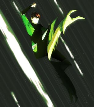 1boy arthropod_limbs ben_10 ben_tennyson brown_hair bug crashhopper grasshopper green_eyes hiffuu highres insect male_focus partial_transformation short_hair solo