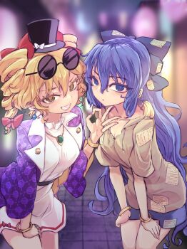 2girls blue_eyes blue_hair blurry blurry_background bracelet brown_eyes closed_mouth coat commentary_request debt drawstring dress drill_hair grey_hoodie highres hood hoodie jewelry kaden_(muxt8423) leaning_forward long_hair looking_at_viewer multiple_girls ok_sign orange_hair outdoors purple_coat sharp_teeth siblings sisters teeth touhou twin_drills very_long_hair white_dress yorigami_jo'on yorigami_shion