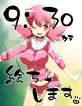 1990s_(style) 1girl bad_id bad_pixiv_id breasts cameltoe covered_erect_nipples female_focus groin gym_leader hair_ornament jacket large_breasts midriff nakamura_sandayo navel nintendo one_eye_closed pink_eyes pink_hair pokemon pokemon_gsc red_eyes retro_artstyle short_shorts shorts solo twintails whitney_(pokemon) wink