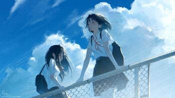 2girls black_bag black_hair black_skirt blue_sky chain-link_fence closed_mouth cloud commentary day fence highres light_particles long_hair multiple_girls original outdoors red_ribbon ribbon ryane_(yry_0) school_uniform shirt short_hair skirt sky smile white_shirt