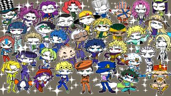 1girl 6+boys bandana black_eyes black_hair black_headband black_headwear black_necktie blonde_hair blue_coat blue_eyes blue_hair blue_headwear blue_pants blue_shirt blunt_bangs boots brown_background brown_footwear brown_hair bruno_bucciarati buttons caesar_anthonio_zeppeli chain character_request checkered_clothes checkered_hat chibi clenched_hand clenched_teeth closed_mouth coat colored_skin commentary_request copyright_request crop_top crossed_arms curly_hair dio_brando dog dollar_sign double_bun enrico_pucci esidisi face_piercing fingerless_gloves floating_hair full_body gedougawa giorno_giovanna gloves green_eyes green_headband green_shirt grey_hair grin gun gyro_zeppeli hair_between_eyes hair_bun hair_ornament handgun hat headband heart helmet hirose_koichi hol_horse holding holding_gun holding_weapon horseshoe_hat_ornament horseshoe_ornament iggy_(jojo) jean_pierre_polnareff johnny_joestar jojo_no_kimyou_na_bouken jojo_pose joseph_joestar joseph_joestar_(young) kars_(jojo) kira_yoshikage kira_yoshikage_(jojolion) kuujou_jolyne kuujou_joutarou long_bangs long_hair looking_at_viewer looking_to_the_side medium_hair midriff mohammed_avdol multiple_boys necktie nijimura_okuyasu nose_piercing nose_ring open_clothes open_coat open_mouth orange_hair orange_headwear orange_pants orange_shirt outline pants parted_bangs piercing pink_hair pink_headband pink_shirt purple_eyes purple_footwear purple_gloves purple_hair purple_pants purple_scarf purple_shirt red_eyes red_hair revolver sailor_hat sandals scarf shirt shoes short_bangs short_hair smile sparkle teeth very_short_hair wamuu weapon white_bandana white_headwear white_outline white_skin wing_hair_ornament yellow_headwear yellow_shirt