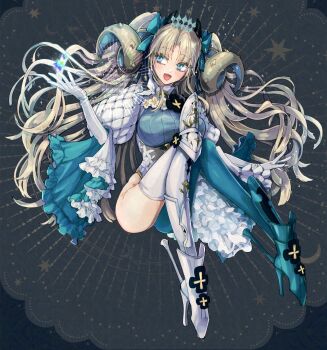 1girl aqua_bow asymmetrical_footwear asymmetrical_legwear blonde_hair blue_eyes boots bow crown ereshkigal_(fate) fate/grand_order fate_(series) floating floating_crown frilled_skirt frills full_body green_boots green_pantyhose half-shirt highleg highleg_leotard highres horns impossible_clothes impossible_leotard juliet_sleeves knee_armor knee_boots leotard long_hair long_sleeves looking_at_object mini_crown mismatched_footwear mismatched_legwear okita971 overskirt pantyhose puffy_sleeves saint_quartz_(fate) single_leg_pantyhose skirt sleeved_leotard solo space_ereshkigal_(fate) thighhighs uneven_legwear white_boots white_leotard