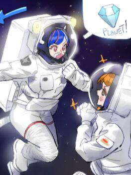 2girls astronaut blue_hair blush commentary diamond_(gemstone) floating foot_out_of_frame formal_clothes from_side gem gloves helmet horns looking_at_another lowres mask mouth_mask multiple_girls nami_(one_piece) one_piece orange_hair outdoors own_hands_together pink_eyes profile raine_(acke2445) space space_helmet sparkle suit symbol-only_commentary ulti_(one_piece) upper_body white_gloves white_suit