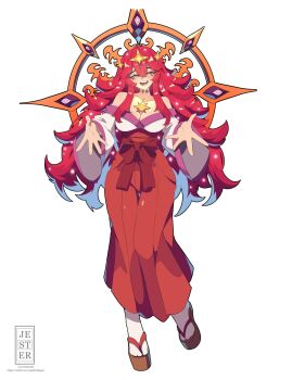 1girl :d bare_shoulders blush breasts cleavage closed_eyes detached_sleeves full_body geta grin hair_between_eyes hair_ornament hakama hakama_skirt highres japanese_clothes jesternalagon jewelry large_breasts long_hair long_sleeves looking_at_viewer miko open_hands open_mouth original red_hair red_hakama sandals simple_background skirt smile socks solo star_(symbol) star_hair_ornament tabi very_long_hair white_background white_socks wide_sleeves