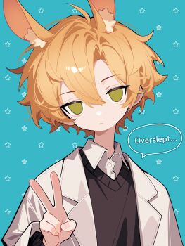 1boy ahoge animal_ear_fluff animal_ears black_sweater blonde_hair blue_background closed_mouth collared_shirt commentary double-parted_bangs dress_shirt english_text expressionless extra_ears green_eyes hair_between_eyes hand_up head_tilt highres jacket light_frown llucilab long_sleeves looking_at_viewer male_focus messy_hair mole mole_under_eye no_nose no_pupils original parted_hair patterned_background portrait rabbit_boy rabbit_ears shirt short_hair sidelocks simple_background solo speech_bubble star_(symbol) star_symbol_background sweater v v-neck white_jacket white_shirt