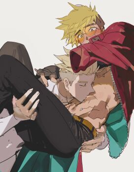 2boys belt black_pants blonde_hair blue_eyes blush bodysuit brothers citronplanet coat colored_eyelashes grey_bodysuit highres incest kissing_stomach male_focus millions_knives multiple_boys multiple_scars pants red_coat scar short_hair siblings simple_background sketch skin_tight trigun trigun_stampede twins two-sided_fabric undercut vash_the_stampede white_background yaoi zipper