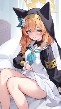1girl animal_ear_headwear animal_ears bare_legs black_veil blue_archive blue_eyes blush braid cat_ears closed_mouth clothes_lift coif commentary_request crossed_bangs dress dress_lift fake_animal_ears flower hair_between_eyes halo hat hat_flower highres lifting_own_clothes long_hair long_sleeves looking_at_viewer mari_(blue_archive) nun orange_hair pinki_o64 sailor_collar side_braid sitting smile solo thighs veil white_flower white_sailor_collar yellow_halo