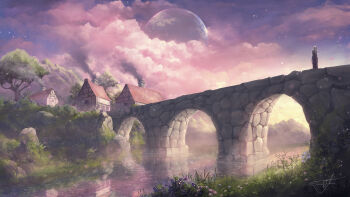 1girl bridge building cape cloud cloudy_sky cobblestone fantasy flower from_behind grass highres landscape light_particles mountain original painterly pink_clouds planet red_cape refiend reflection reflective_water river rock scenery signature sky tree village water
