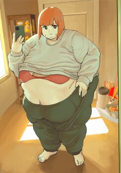 1girl absurdres alternate_body_size barefoot big_belly blunt_bangs bob_cut bra breasts bright_pupils cellphone chicken_nuggets cup disposable_cup door double_chin evening fast_food fat food french_fries full_body green_pants hand_up highres holding holding_phone indoors large_breasts long_sleeves looking_to_the_side mcdonald&#039;s mother_(yoru_mac) navel obese orange_hair pants phone presiart red_bra shelf shirt smartphone solo standing sweatdrop thick_arms thick_thighs thighs toes undersized_clothes underwear weight_conscious weight_gain white_pupils white_shirt window yoru_mac