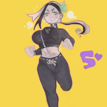 1girl black_hair black_jacket black_pants black_track_suit blonde_hair blue_eyeshadow breasts breath clenched_hands clenched_teeth colored_sclera crop_top cropped_jacket exercising exhausted eyeshadow feet_out_of_frame fire flying_sweatdrops full_body green_eyes green_fire half-closed_eyes hands_up highres jacket jogging keziedra large_breasts leg_up long_hair low_ponytail macaron_(keziedra) makeup midriff multicolored_hair navel numbered original outline pants ponytail purple_outline simple_background solo sparkle steaming_body sweat teeth track_jacket track_pants track_suit two-tone_hair yellow_background yellow_sclera