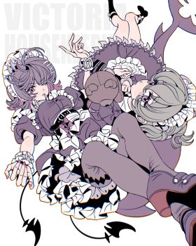 2girls apron black_dress black_hair black_shoes brown_pantyhose closed_mouth colored_inner_hair corin_wickes dress ellen_joe english_text fins fish_tail frilled_wristband grey_hair hair_between_eyes hairband highres holding holding_stuffed_toy long_hair looking_at_viewer maid maid_headdress mary_janes metal_hairband mole mole_under_eye multicolored_hair multiple_girls one_eye_closed pantyhose purple_eyes razor_blade_hair_ornament red_eyes red_nails scar scar_on_tail shark_girl shark_tail shoes short_hair simple_background spiked_headband stuffed_animal stuffed_toy tail teddy_bear upside-down waist_apron white_apron white_background xjgfhvg zenless_zone_zero