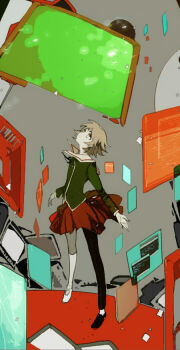 10s 1boy asymmetrical_clothes asymmetrical_footwear asymmetrical_legwear bow bowtie brown_eyes brown_hair bubble_skirt crossdressing crossdressing_(mtf) danganronpa:_trigger_happy_havoc danganronpa_(series) floating floating_screen fujisaki_chihiro holographic_monitor kneehighs looking_down male_focus mary_janes miniskirt mismatched_footwear mismatched_legwear pleated_skirt sailor_collar school_uniform shoes short_hair single_kneehigh single_pantsleg single_sock skirt socks solo suou_(sdurorhr) white_socks