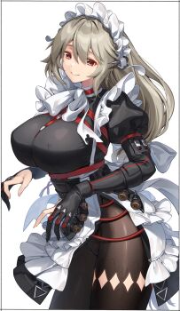 Rule 34 | 1girl, alexandrina sebastiane, apron, black dress, breasts, brown pantyhose, commentary, dress, grey hair, highres, kei (soundcross), large breasts, long hair, long sleeves, looking at viewer, maid headdress, pantyhose, red eyes, smile, solo, thighs, white apron, zenless zone zero