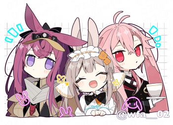 1boy 2girls ahoge animal_ears ansel_(arknights) ansel_(nighttime_cafe)_(arknights) arknights black_jacket brown_jacket chibi child commentary_request cropped_torso cup dress emphasis_lines frilled_hairband frills grid_background hairband holding holding_tray itsuki_02 jacket light_brown_hair lop_rabbit_ears multiple_girls official_alternate_costume pink_hair purple_eyes purple_hair rabbit rabbit_boy rabbit_ears rabbit_girl ray_(arknights) red_eyes scarf simple_background teacup tray twitter_username warmy_(arknights) white_background white_dress white_hairband