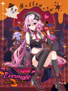 1girl absurdres alternate_costume apple asymmetrical_legwear black_boots black_gloves black_socks black_thighhighs boots character_name closed_mouth copyright_name detached_sleeves evernight_(honkai:_star_rail) food fruit full_body gloves gou_lianlian_dogface hair_between_eyes half_gloves halloween highres holding holding_food holding_fruit honkai:_star_rail honkai_(series) kneehighs long_hair looking_at_viewer march_7th_(honkai:_star_rail) navel necktie pink_hair sitting smile socks solo stomach thighhighs tongue tongue_out uneven_legwear very_long_hair