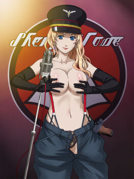 1girl black_gloves black_panties blonde_hair blonde_pubic_hair blue_eyes breasts cable character_name charlotte_rampling collarbone covering_breasts covering_privates crotchless crotchless_panties earrings elbow_gloves female_focus female_pubic_hair gloves grabbing_another&#039;s_breast groping gun handgun hat highres jewelry lace lace-trimmed_panties lace_panties lace_trim large_breasts lips logo luger_p08 macross macross_frontier microphone military_hat nipples panties pants_undone peaked_cap presenting_stomach pubic_hair pussy pussy_peek sheryl_nome single_earring smile solo suspenders the_night_porter tooo topless_female twiddling_nipples u.n._spacy unbuttoned_pants underwear weapon