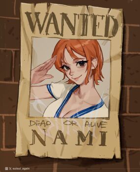 1girl breasts brick_wall brown_eyes character_name cleavage closed_mouth collarbone commentary english_commentary hair_behind_ear highres large_breasts light_blush looking_at_viewer nami_(one_piece) one_piece orange_hair salute shirt short_hair short_sleeves single_sidelock smile solo suisui_again twitter_username upper_body v-neck wanted_poster white_shirt