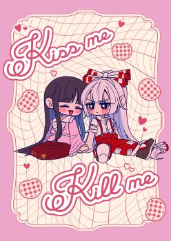 2girls absurdres blush bow bowtie brown_hair brown_shoes chibi chibi_only closed_eyes collared_shirt commentary_request english_text frilled_shirt_collar frills fujiwara_no_mokou grey_hair hair_bow hand_on_another&#039;s_hand heart highres houraisan_kaguya long_hair long_sleeves multiple_girls ofuda ofuda_on_clothes open_mouth pants pink_shirt red_eyes red_pants red_skirt shirt shoes short_sleeves sitting skirt smile suspenders tamiko_(tamik0224) torn_clothes torn_sleeves touhou very_long_hair white_bow white_bowtie white_shirt wide_sleeves yuri