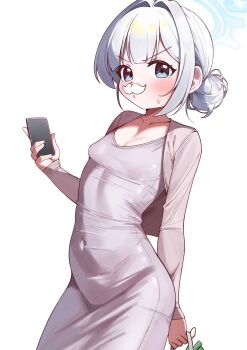 1girl absurdres bag blue_archive blue_eyes blue_halo blush breasts cardigan cellphone cherino_(blue_archive) collarbone commentary_request covered_navel cowboy_shot double-parted_bangs dress facial_hair fake_facial_hair fake_mustache frown hair_bun hair_intakes halo highres holding holding_bag holding_phone led_winter long_sleeves mustache phone pink_cardigan pink_dress simple_background single_hair_bun small_breasts smartphone snowflakes solo spring_onion standing sweatdrop tight_clothes tight_dress white_background white_hair