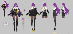 Rule 34 | 1girl, absurdres, bare shoulders, black choker, black dress, black footwear, black gloves, black jacket, black pantyhose, boots, breasts, bug, butterfly, butterfly over eye, character name, character sheet, choker, cleavage, colored shoe soles, copyright notice, dress, flower, full body, gloves, grey background, hair flower, hair ornament, high heels, highres, id card, insect, jacket, leather, leather boots, leather dress, leather gloves, long hair, long sleeves, medium breasts, mo qingxian, multiple views, off shoulder, official alternate costume, official art, open clothes, open jacket, pantyhose, pencil dress, purple eyes, purple hair, rafaelaaa, short dress, side slit, sleeveless, sleeveless dress, spaghetti strap, standing, thigh boots, thigh strap, turnaround, very long hair, vocaloid, vsinger, white butterfly, white flower