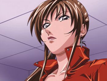 00s 1girl 2004 animated animated_gif anime_screenshot aqua_eyes bible_black bible_black_new_testament breasts brown_hair earrings hair_ornament hands_up high_collar imari_kurumi jacket jewelry large_breasts leather leather_jacket lipstick long_hair makeup nipple_stimulation_through_clothes orange_jacket red_jacket shin_bible_black side_ponytail tagme zipper zipper_pull_tab