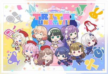 Rule 34 | 3rd live tour try tri unity!!!, 6+girls, :3, :d, :o, ;d, ^ ^, ahoge, anyoji hime, aoku haruka/flower, asymmetrical legwear, asymmetrical sleeves, black hair, blonde hair, blue background, blue eyes, blue gloves, blue hair, blue pantyhose, blue shirt, blue shorts, blue thighhighs, blunt bangs, blunt ends, blush stickers, bob cut, braid, brown hair, center-flap bangs, character logo, chibi, chibi only, closed eyes, closed mouth, colored inner hair, copyright name, crossed bangs, dark blue hair, diagonal bangs, dress, earrings, elbow gloves, fang, flower, frilled dress, frills, fujishima megumi, gloves, gradient clothes, gradient dress, gradient hair, green eyes, grey hair, grin, hair bun, hair flower, hair intakes, hair ornament, hair ribbon, hairband, hat, highres, hinoshita kaho, inverted bob, jewelry, kachimachi kosuzu, lace hairband, ladybug/beauty (love live!), light blue hair, link! like! love live!, long hair, long sleeves, love live!, low twintails, medium hair, miracreation/elegance, momose ginko, multi-tied hair, multicolored hair, multiple girls, murano sayaka, off-shoulder dress, off shoulder, official alternate costume, one eye closed, open mouth, orange dress, orange hair, osawa rurino, otomune kozue, pantyhose, parted bangs, pink background, pink eyes, pink flower, pink hair, ponytail, purple hair, red dress, red eyes, red hair, red hat, red ribbon, ribbon, shirt, short hair, short shorts, short sleeves, shorts, side braids, side ponytail, sidelocks, single elbow glove, single glove, single leg pantyhose, single side bun, single thighhigh, smile, straight hair, streaked hair, swept bangs, thighhighs, twintails, two-tone dress, two side up, uneven legwear, uneven sleeves, virtual youtuber, white background, white dress, white hairband, yellow background, yugiri tsuzuri, yumechiku