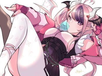 1girl ahoge breasts button_hair_ornament choker decora demon_girl demon_horns demon_tail demon_wings hair_ornament head_wings heart heart_ahoge heart_hair_ornament horns indie_virtual_youtuber ironmouse ironmouse_(demon_form) lollipop_hair_ornament long_hair looking_at_viewer multicolored_hair oogi_illust pink_choker pink_hair streaked_hair tail virtual_youtuber white_background white_horns wings