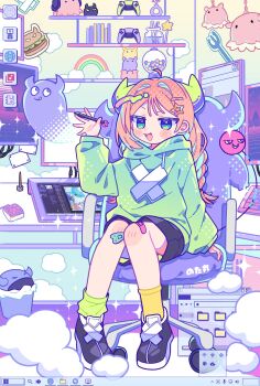 1girl :3 :d absurdres ahoge ako-chan_(notamaru_2) asymmetrical_legwear bandaid bandaid_on_knee bandaid_on_leg black_shoes black_shorts blue_eyes blush_stickers commentary_request controller detached_ahoge drawing_tablet drawstring full_body game_controller green_hoodie green_horns green_socks hair_ornament highres holding holding_stylus hood hood_down hoodie horns icon_(computing) indoors long_hair long_sleeves looking_at_viewer mismatched_legwear notamaru_2 open_mouth orange_hair original rainbow shelf shoes shorts sitting smile socks solo star_(symbol) star_hair_ornament stylus taskbar window_(computing) yellow_socks