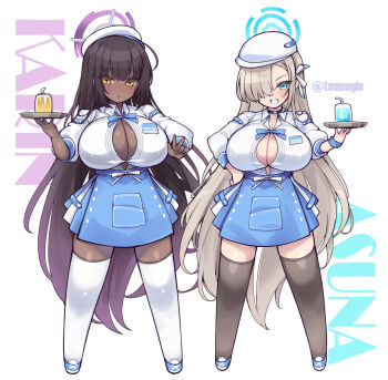 2girls ahoge akikaze_tsumuji apron asuna_(blue_archive) black_hair black_thighhighs blonde_hair blue_apron blue_archive blue_bow blue_bowtie blue_eyes blue_halo blue_shoes blue_skirt blush bow bowtie breasts button_gap choker cleavage commentary_request dark-skinned_female dark_skin gradient_hair grin hair_over_one_eye hair_ribbon halo hand_on_own_hip hat highres holding holding_tray karin_(blue_archive) large_breasts long_hair looking_at_viewer mole mole_on_breast multicolored_hair multiple_girls parted_lips purple_hair purple_halo ribbon shirt shoes skirt smile thighhighs tray two-tone_skirt v very_long_hair white_hat white_shirt white_skirt white_thighhighs yellow_eyes