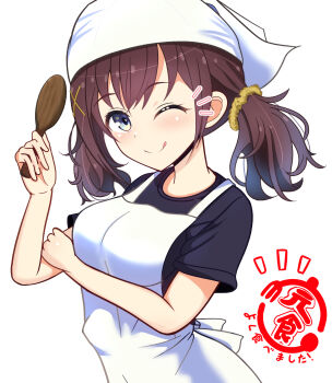 Rule 34 | :p, apron, arm up, bandana, blue eyes, blush, breasts, commentary request, furutachi kurea, gratin (kumaisao), hibi wa sugiredo meshi umashi, highres, holding, holding spoon, looking at viewer, medium breasts, medium hair, one eye closed, shamoji, simple background, spoon, tongue, tongue out, twintails, white apron, white bandana