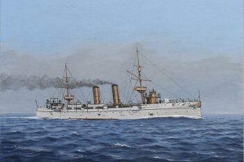 acrylic_paint_(medium) atelier_bono blue_sky cannon cloud cloudy_sky cruiser flag highres imperial_japanese_navy mast military_vehicle no_humans ocean original painting_(medium) ship ship_turret sky smokestack traditional_media vehicle_focus warship watercraft weapon yoshino_(cruiser)