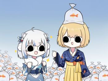 2girls :d ahoge bag bagged_fish bloop_(gawr_gura) blue_background blue_hair blue_kimono chibi commentary fish floral_print fong_(fongthe0125) gawr_gura gawr_gura_(new_year) goldfish gradient_background grey_hair hakama hakama_skirt hashtag-only_commentary highres holding holding_bag hololive hololive_english japanese_clothes kimono long_sleeves multicolored_hair multiple_girls obi open_mouth plastic_bag print_kimono sash short_eyebrows skirt smile sparkle streaked_hair symbol-only_commentary thick_eyebrows virtual_youtuber water watson_amelia watson_amelia_(new_year) wide_sleeves yellow_hakama