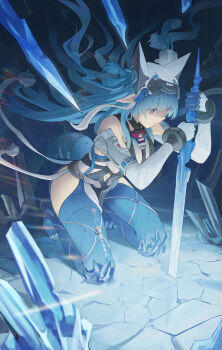 1girl arknights arknights:_endfield bare_shoulders blue_bodysuit blue_gloves blue_hair blunt_bangs bodysuit clothing_cutout commentary covered_horns demon_girl demon_horns demon_tail gloves highres hip_vent holding holding_sword holding_weapon horns ice kneeling last_rite_(arknights) long_hair long_sidelocks navel navel_cutout pointy_ears red_eyes sidelocks solo sword tail weapon zaq_(zaqsta)