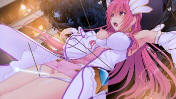 1girl armpits arrow_(projectile) bdsm bondage bound breasts brown_eyes censored clothes_lift detached_sleeves dress dutch_angle en_ciel_rena en_ciel_rena_(magius) female_focus floating_hair game_cg hair_between_eyes kourin_tenshi_en_ciel_rena large_breasts large_variant_set long_hair long_sleeves magical_girl miniskirt mosaic_censoring night nipples no_bra non-web_source official_art one_breast_out open_mouth outdoors outstretched_arms panties panty_pull peeing pink_dress pink_hair pussy pussy_juice restrained saitou_natsuki shiny_skin short_dress skirt skirt_lift solo spread_arms standing straight_hair suhamaya tomoe_rena tree triangle_(company) underwear variant_set very_long_hair white_dress white_panties white_sleeves wide_sleeves