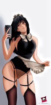 bare_shoulders black_hair breasts chainsaw_man clothes_lift cross-eyed highres looking_to_the_side maid medium_breasts medium_hair neck_ribbon red_eyes ribbon see-through_clothes selfie themaker thighhighs underwear wide_hips yoru_(chainsaw_man)